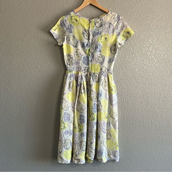 Mode O'Day True Vintage Dress Rose Print Yellow Blue Size Small Midi Union Made - Picture 4 of 8